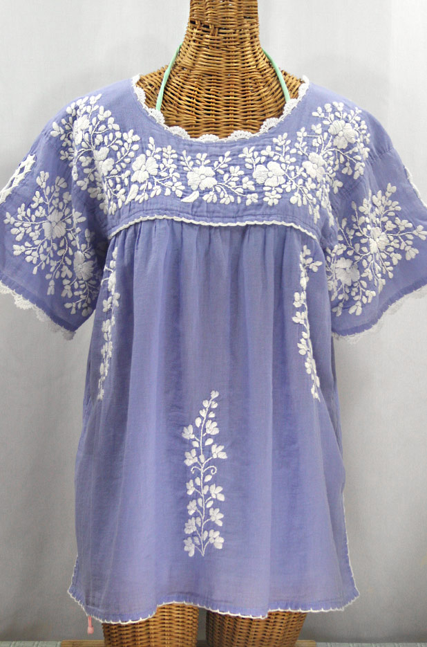 "Lijera Libre" Plus Size Embroidered Mexican Blouse - Periwinkle + White