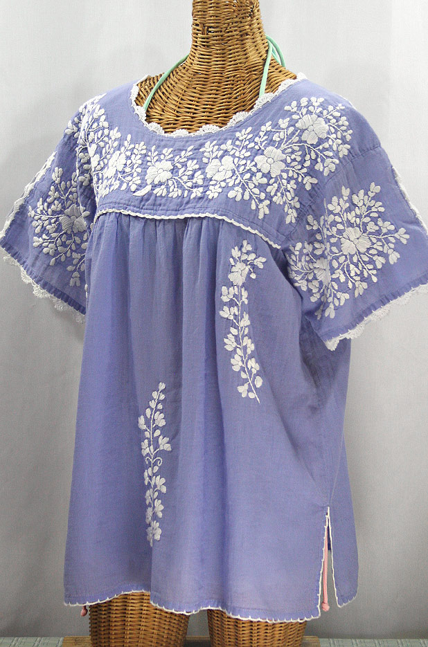 "Lijera Libre" Plus Size Embroidered Mexican Blouse - Periwinkle + White