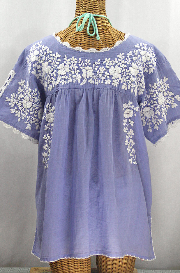 "Lijera Libre" Plus Size Embroidered Mexican Blouse - Periwinkle + White