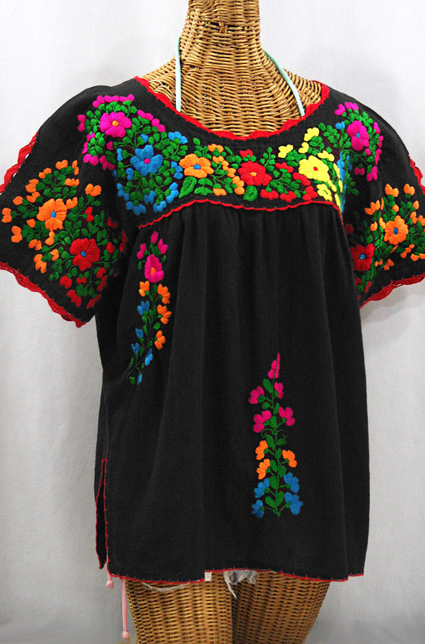 "Lijera Libre" Plus Size Embroidered Mexican Blouse - Black + Rainbow