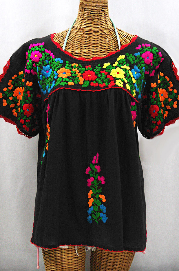 "Lijera Libre" Plus Size Embroidered Mexican Blouse - Black + Rainbow