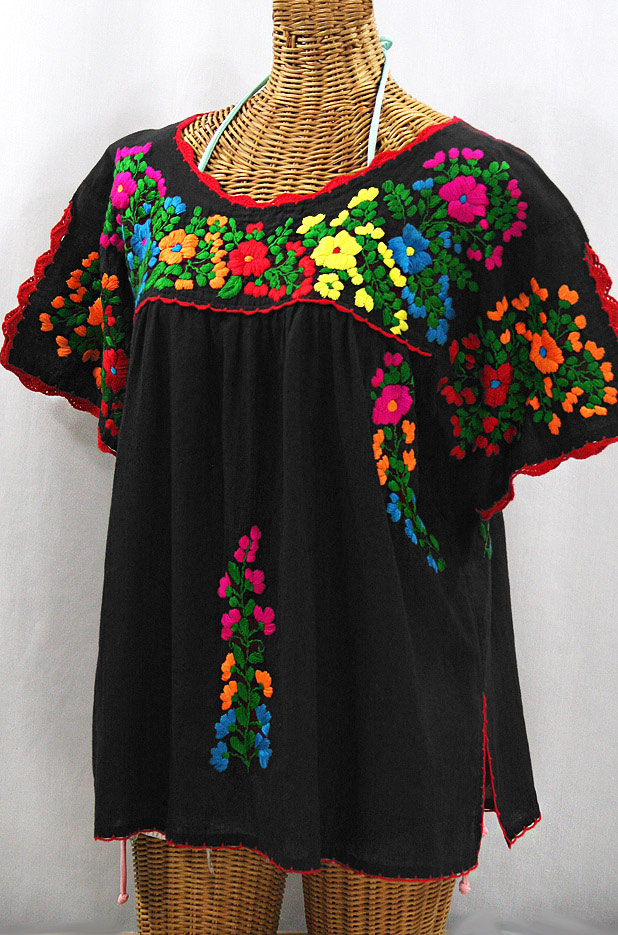 "Lijera Libre" Plus Size Embroidered Mexican Blouse - Black + Rainbow