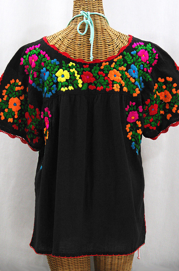 "Lijera Libre" Plus Size Embroidered Mexican Blouse - Black + Rainbow