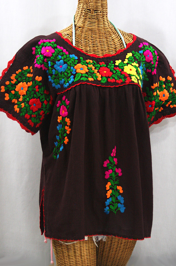 "Lijera Libre" Plus Size Embroidered Peasant Top -Brown + Rainbow