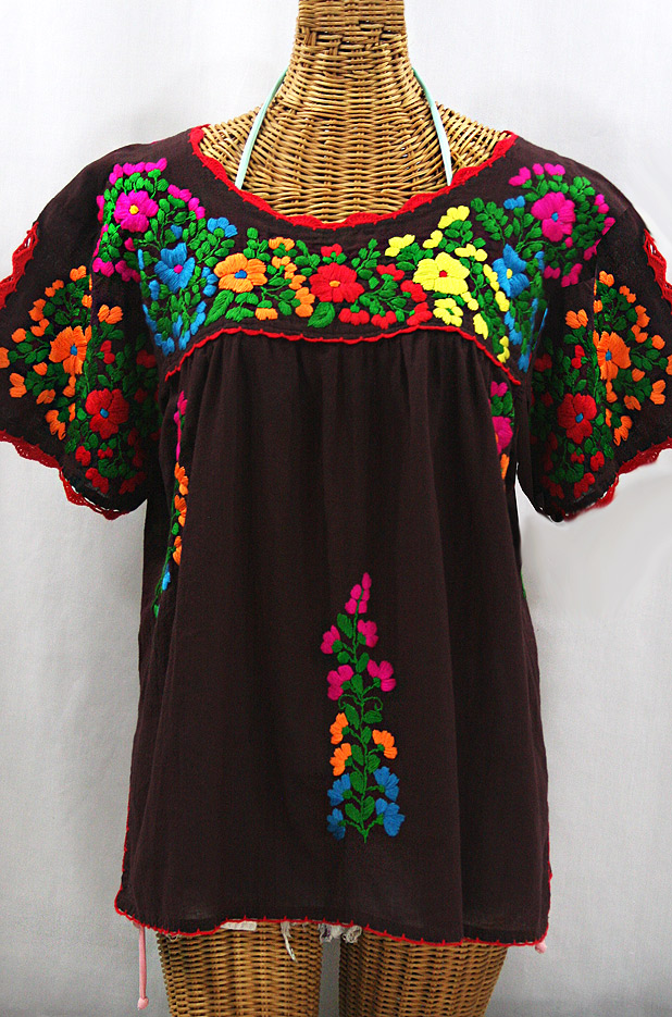 "Lijera Libre" Plus Size Embroidered Peasant Top -Brown + Rainbow