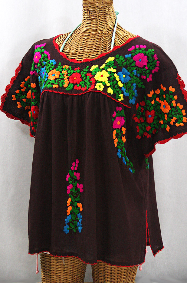 "Lijera Libre" Plus Size Embroidered Peasant Top -Brown + Rainbow