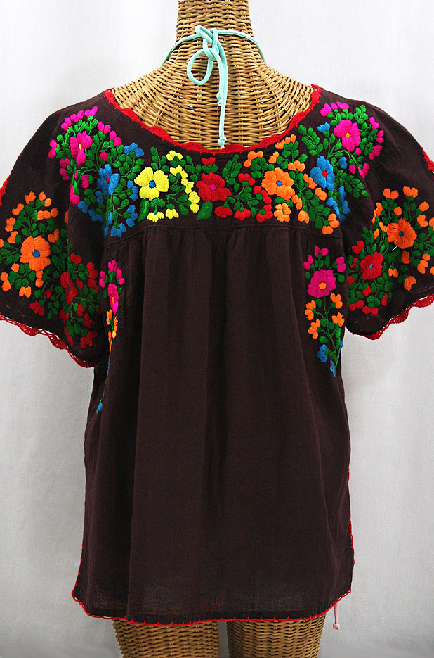 "Lijera Libre" Plus Size Embroidered Peasant Top -Brown + Rainbow
