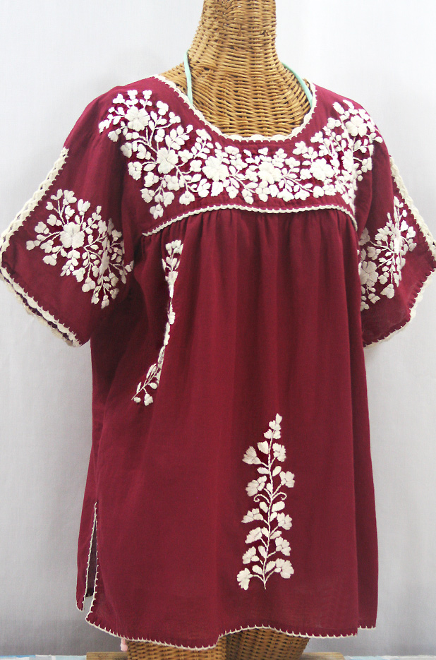 "Lijera Libre" Plus Size Embroidered Mexican Blouse - Burgundy + Cream