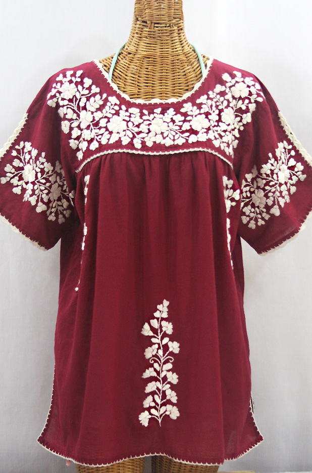 "Lijera Libre" Plus Size Embroidered Mexican Blouse - Burgundy + Cream