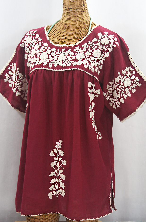 "Lijera Libre" Plus Size Embroidered Mexican Blouse - Burgundy + Cream