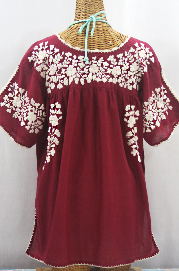 "Lijera Libre" Plus Size Embroidered Mexican Blouse - Burgundy + Cream