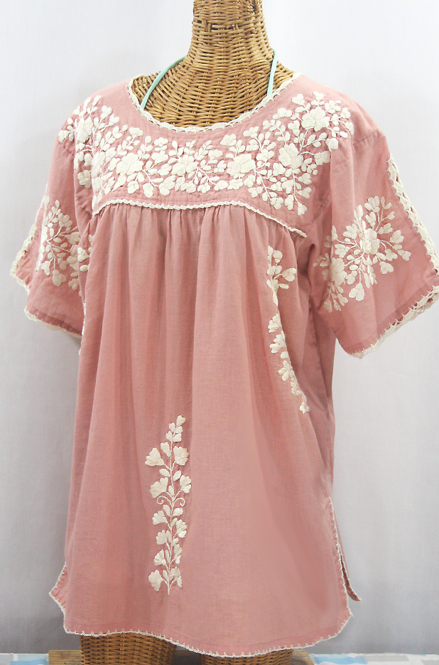 "Lijera Libre" Plus Size Embroidered Mexican Blouse - Dusty Light Pink + Cream