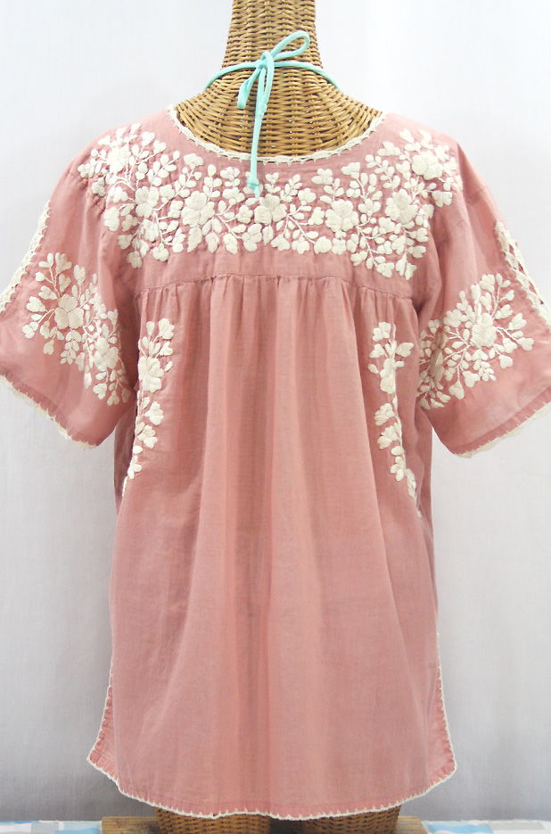 "Lijera Libre" Plus Size Embroidered Mexican Blouse - Dusty Light Pink + Cream