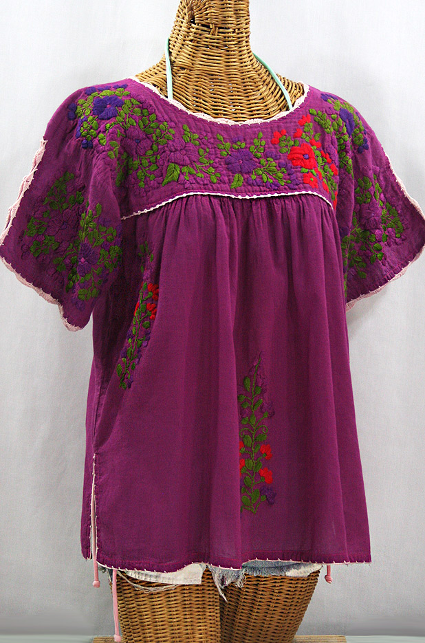 "Lijera Libre" Plus Size Embroidered Peasant Top -Fuchsia + Jewel Tones