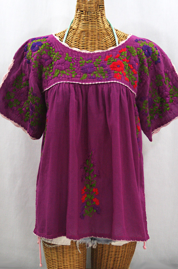 "Lijera Libre" Plus Size Embroidered Peasant Top -Fuchsia + Jewel Tones