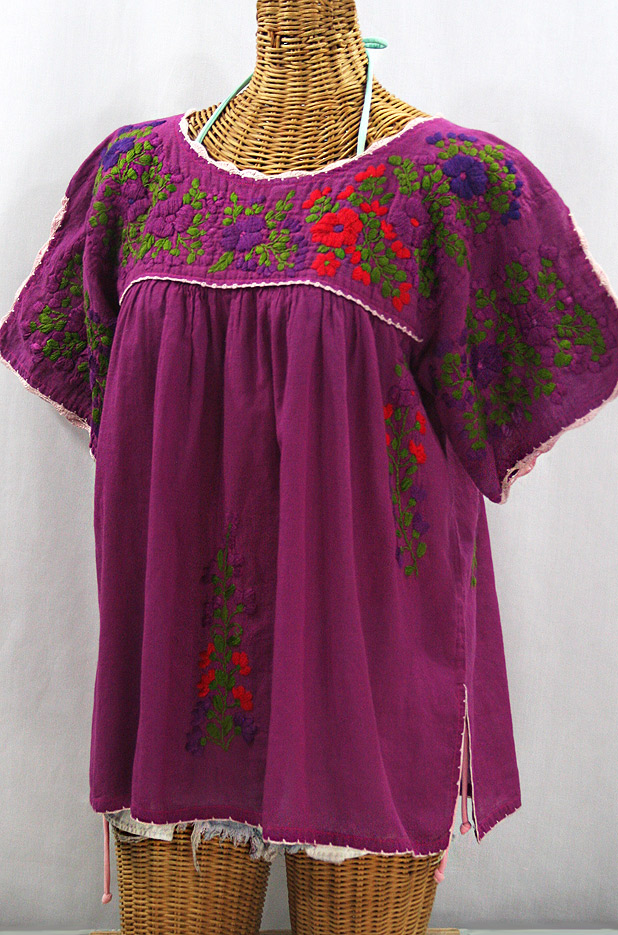 "Lijera Libre" Plus Size Embroidered Peasant Top -Fuchsia + Jewel Tones