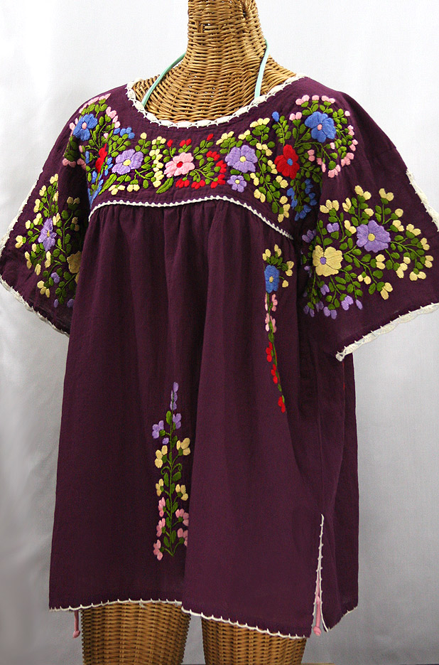 "Lijera Libre" Plus Size Embroidered Peasant Top - Plum + Multi