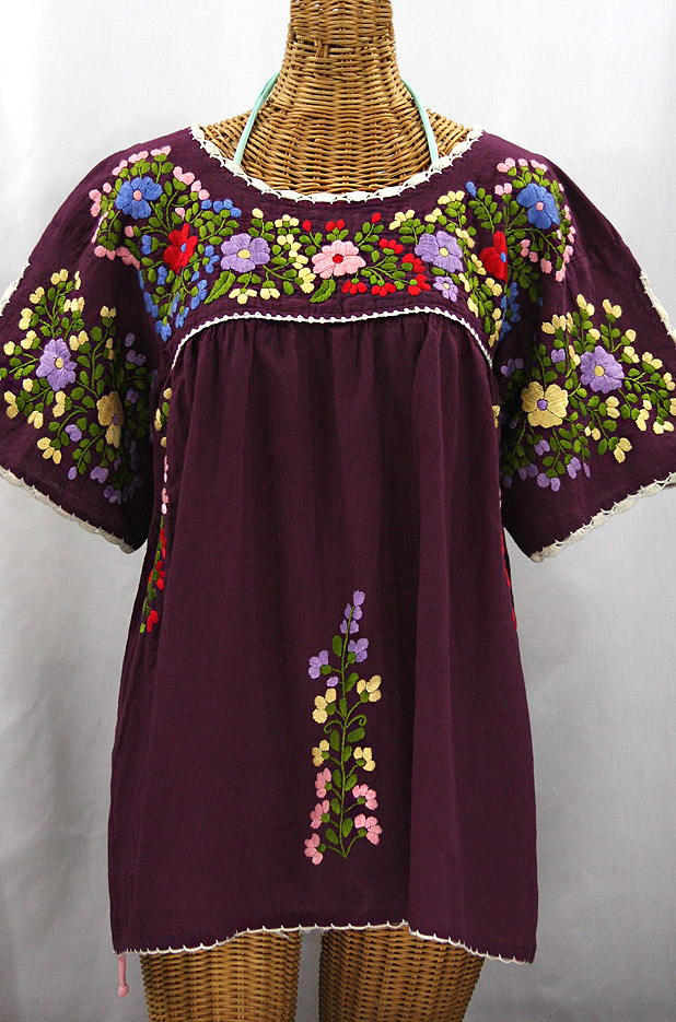 "Lijera Libre" Plus Size Embroidered Peasant Top - Plum + Multi