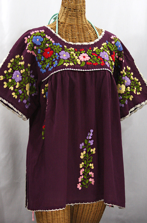 "Lijera Libre" Plus Size Embroidered Peasant Top - Plum + Multi