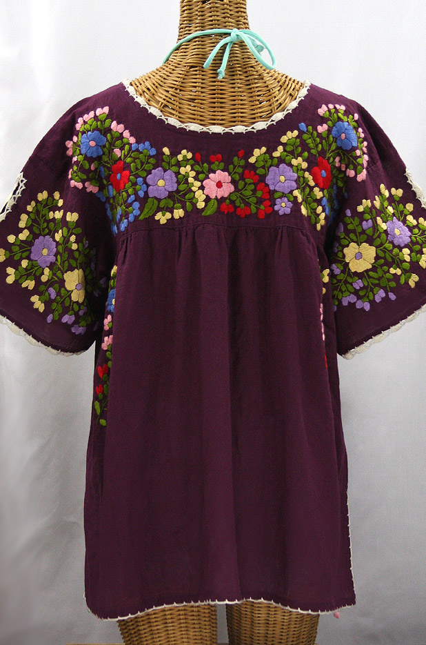 "Lijera Libre" Plus Size Embroidered Peasant Top - Plum + Multi