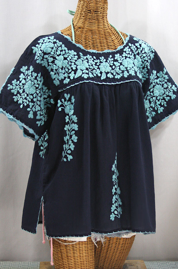 "Lijera Libre" Plus Size Embroidered Mexican Blouse - Navy + Neon Blue