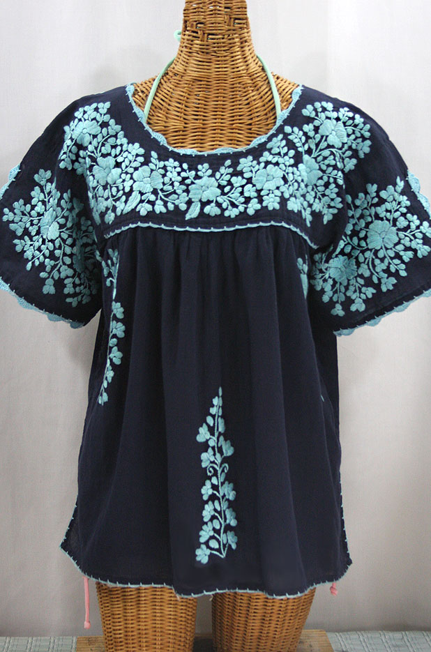 "Lijera Libre" Plus Size Embroidered Mexican Blouse - Navy + Neon Blue