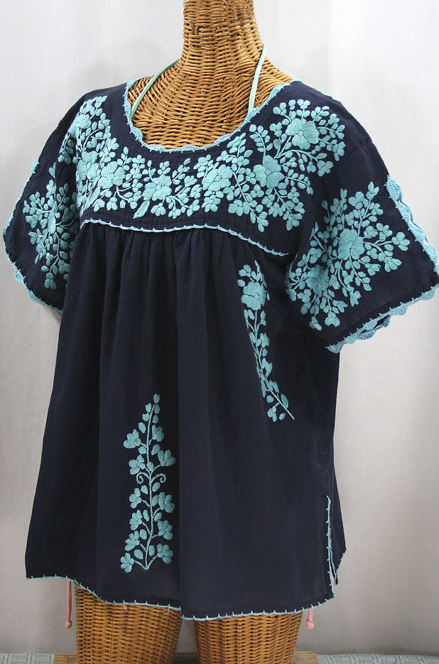 "Lijera Libre" Plus Size Embroidered Mexican Blouse - Navy + Neon Blue