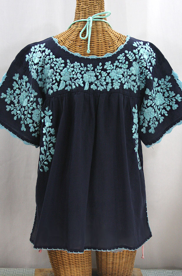 "Lijera Libre" Plus Size Embroidered Mexican Blouse - Navy + Neon Blue