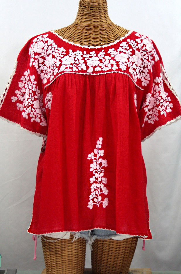 "Lijera Libre" Plus Size Embroidered Mexican Blouse - Red + White