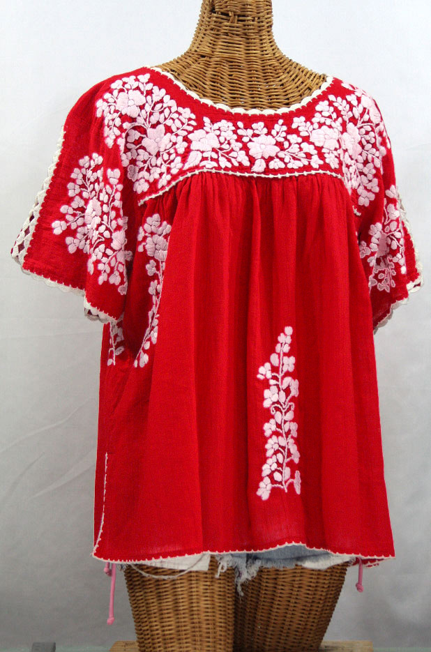 "Lijera Libre" Plus Size Embroidered Mexican Blouse - Red + White