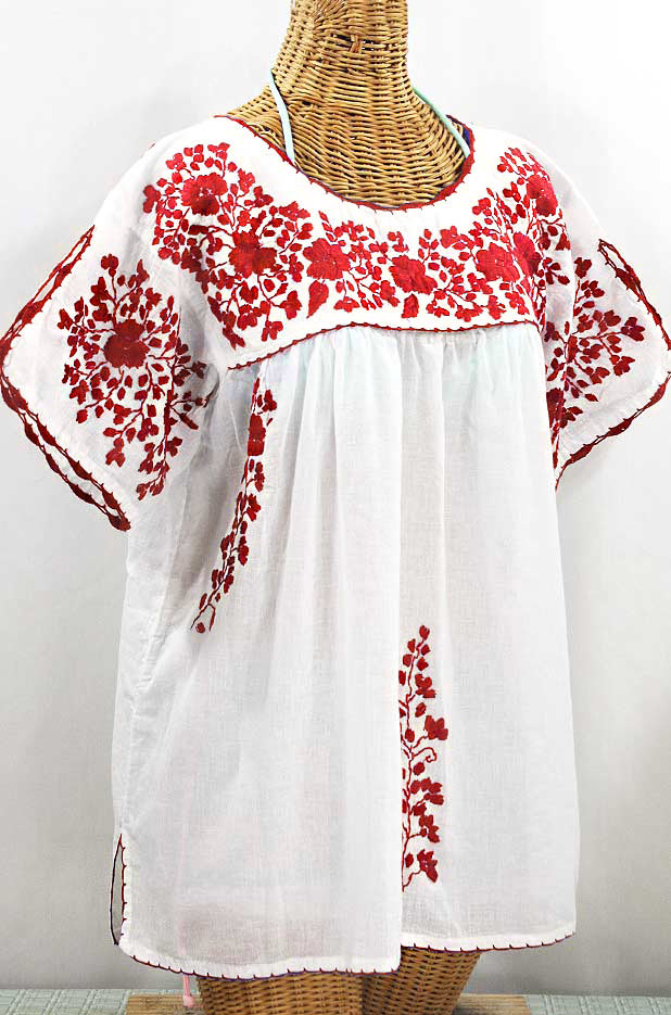 "Lijera Libre" Plus Size Embroidered Mexican Blouse - White + Red