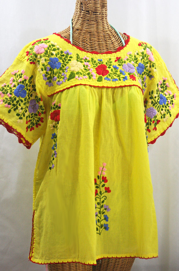 "Lijera Libre" Plus Size Embroidered Mexican Blouse - Yellow + Multi