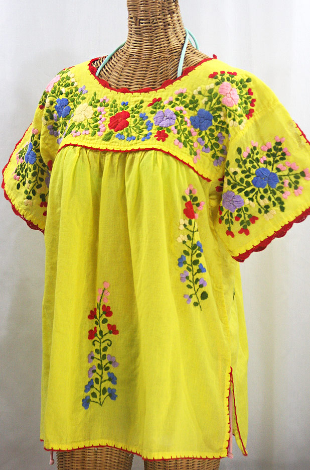 "Lijera Libre" Plus Size Embroidered Mexican Blouse - Yellow + Multi