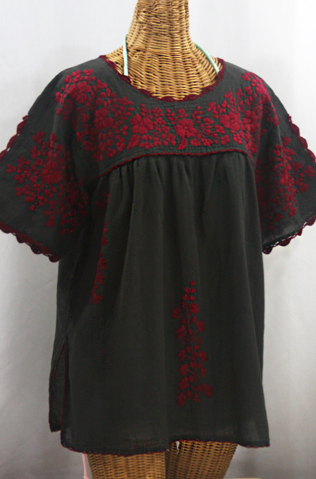 "Lijera Libre" Plus Size Embroidered Mexican Blouse - Charcoal + Burgundy
