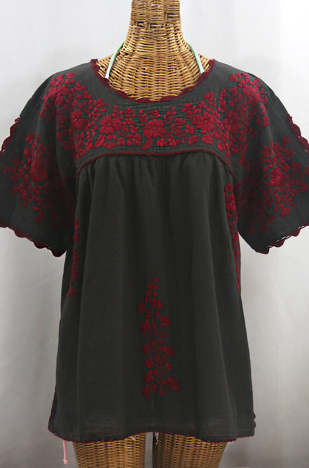 "Lijera Libre" Plus Size Embroidered Mexican Blouse - Charcoal + Burgundy