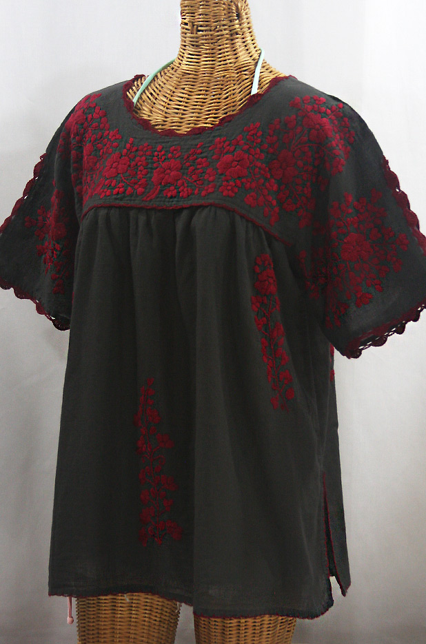 "Lijera Libre" Plus Size Embroidered Mexican Blouse - Charcoal + Burgundy