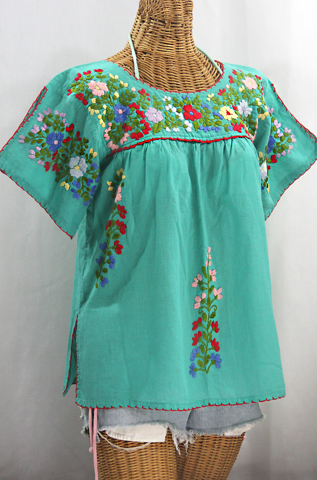 "La Lijera" Embroidered Peasant Blouse Mexican Style -Mint Green + Multi