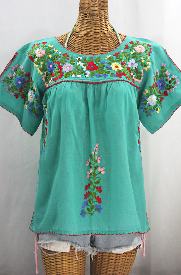 "La Lijera" Embroidered Peasant Blouse Mexican Style -Mint Green + Multi