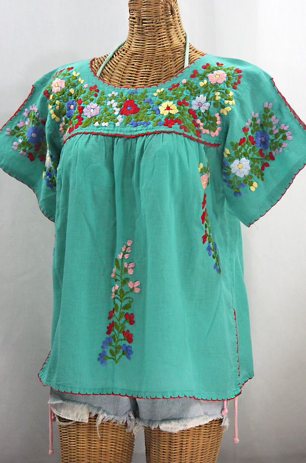 "La Lijera" Embroidered Peasant Blouse Mexican Style -Mint Green + Multi