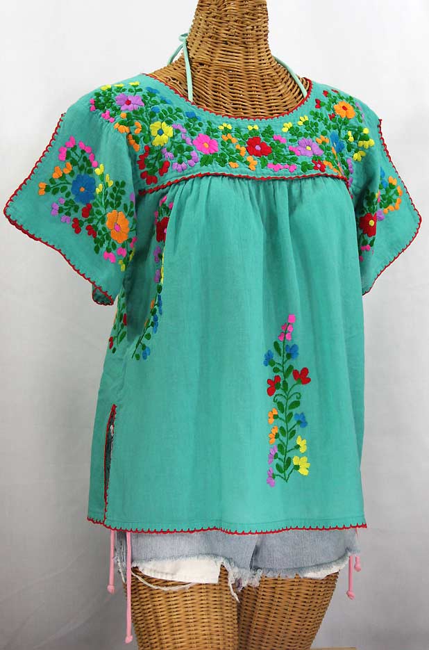 "La Lijera" Embroidered Peasant Blouse Mexican Style -Mint Green + Rainbow