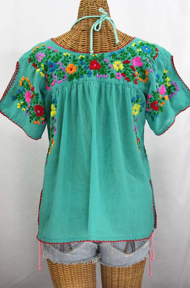 "La Lijera" Embroidered Peasant Blouse Mexican Style -Mint Green + Rainbow