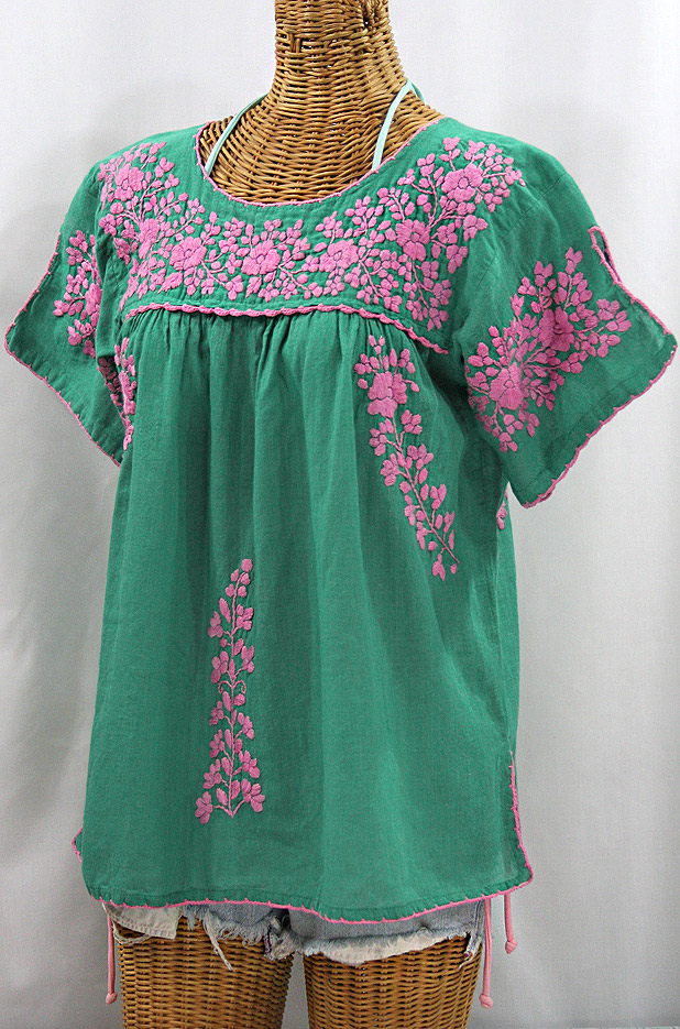 "La Lijera" Embroidered Peasant Blouse Mexican Style - Mint Green + Pink