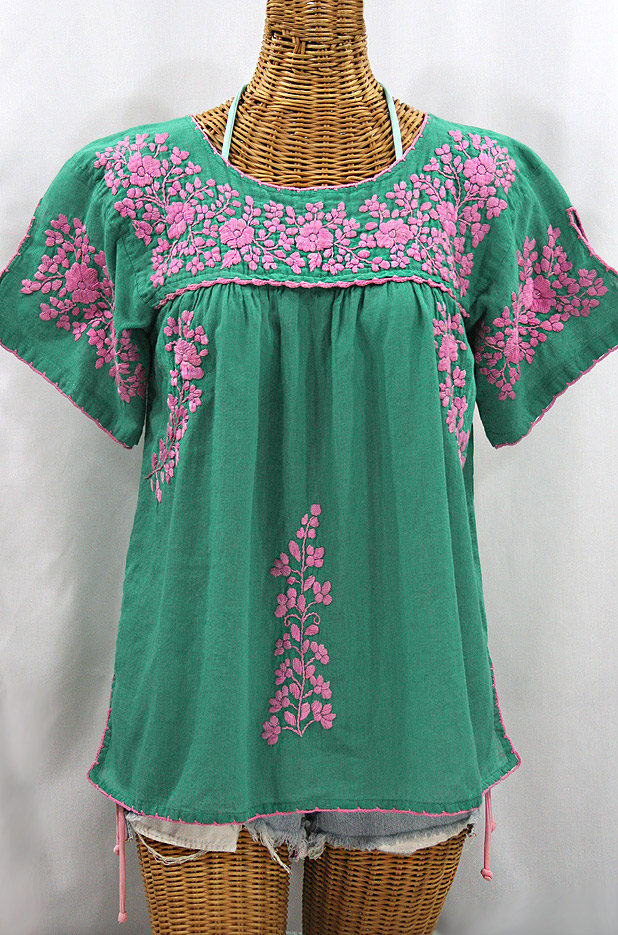 "La Lijera" Embroidered Peasant Blouse Mexican Style - Mint Green + Pink
