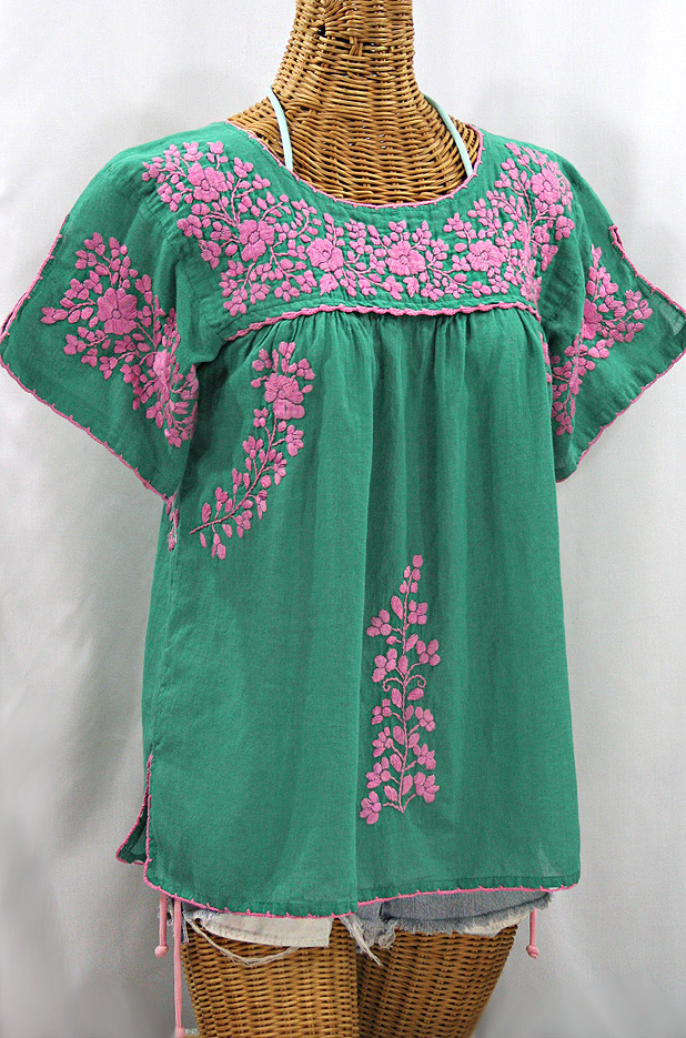 "La Lijera" Embroidered Peasant Blouse Mexican Style - Mint Green + Pink