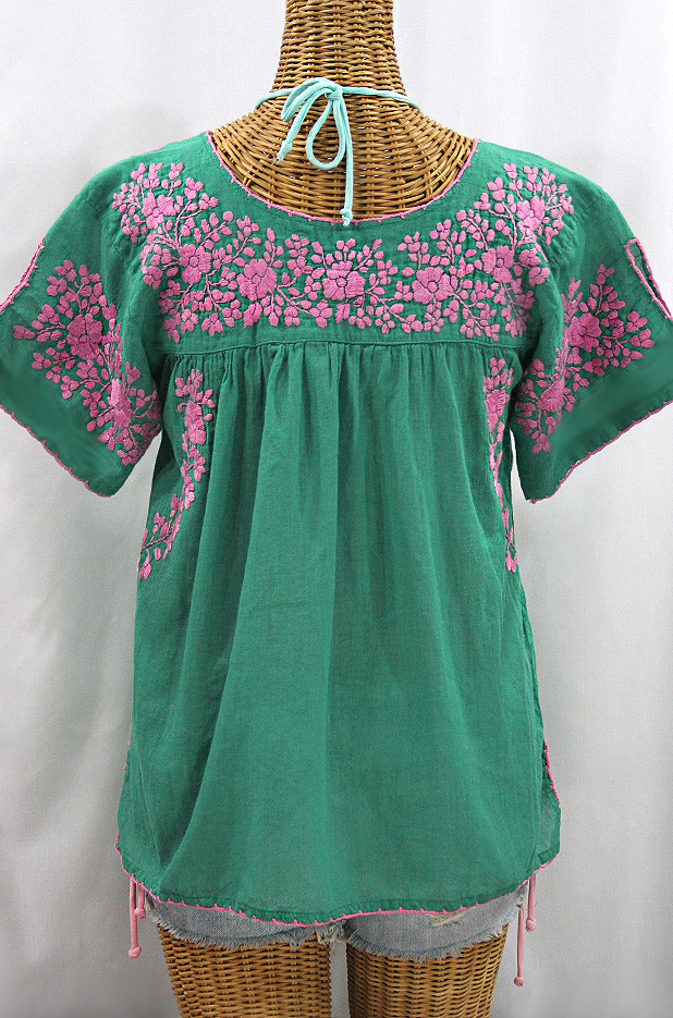 "La Lijera" Embroidered Peasant Blouse Mexican Style - Mint Green + Pink