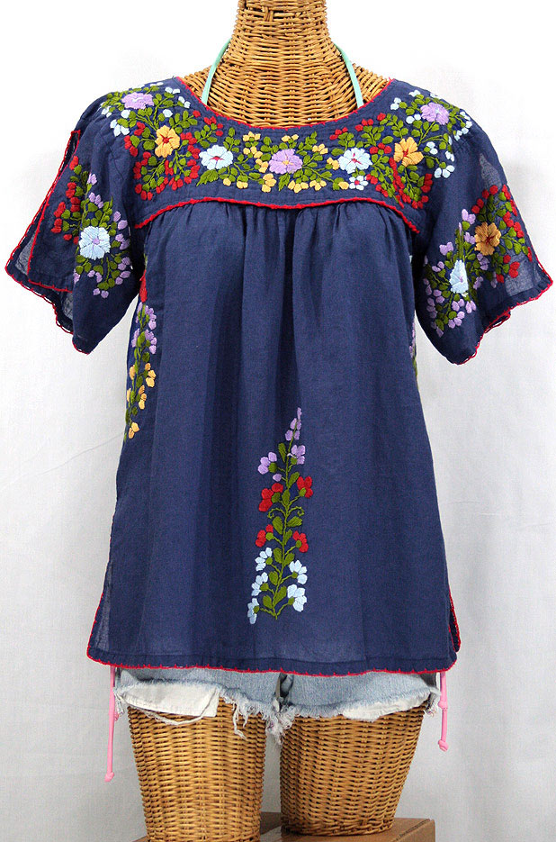 "La Lijera" Embroidered Peasant Blouse Mexican Style -Navy Blue