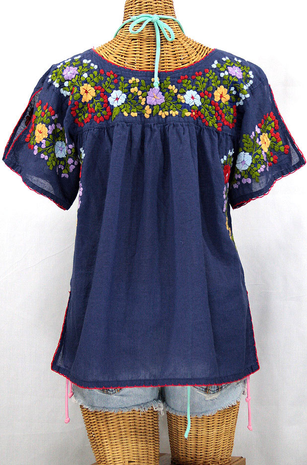 "La Lijera" Embroidered Peasant Blouse Mexican Style -Navy Blue