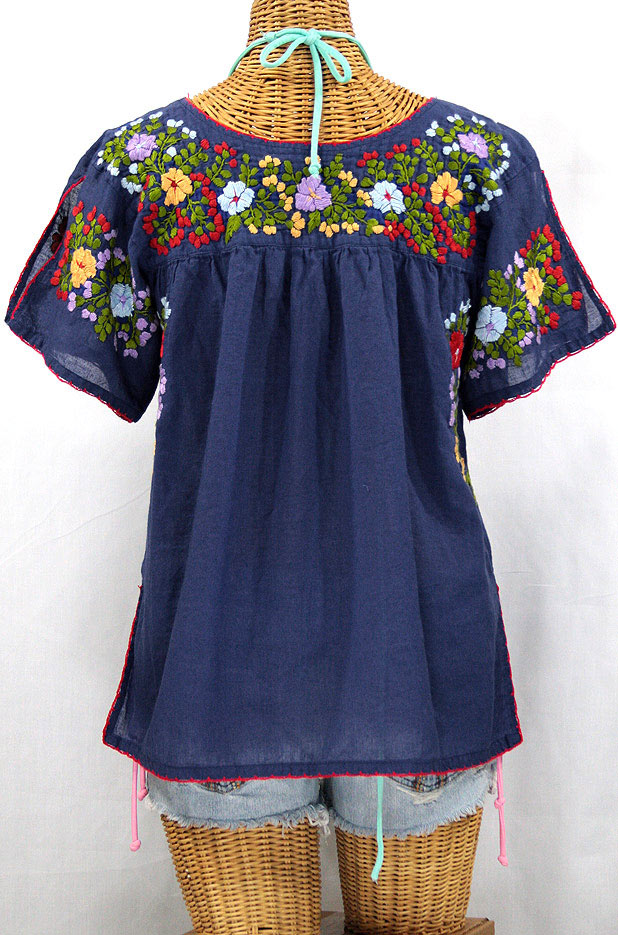 "La Lijera" Embroidered Peasant Blouse Mexican Style Navy Blue