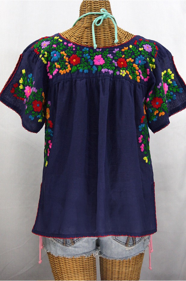 "La Lijera" Embroidered Peasant Blouse Mexican Style - Navy Blue + Rainbow
