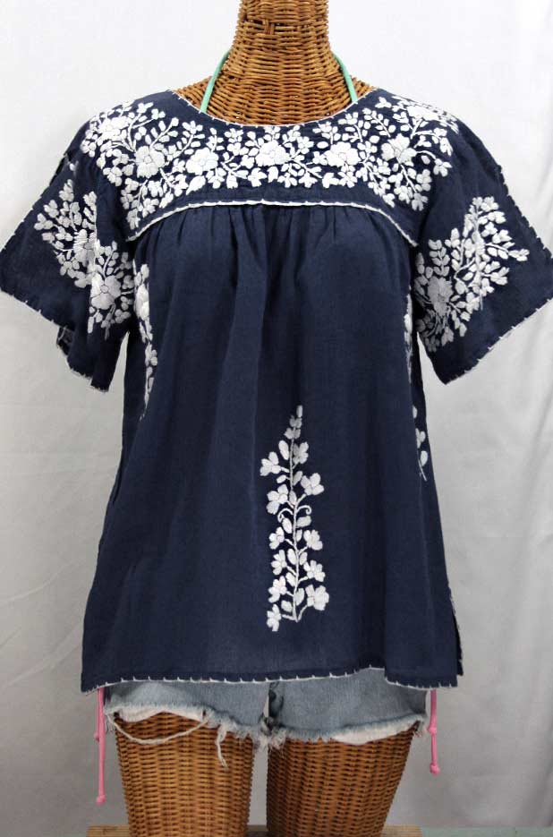 "La Lijera" Embroidered Peasant Blouse Mexican Style -Navy + White